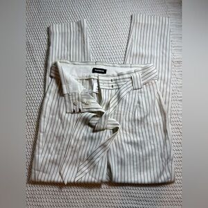 NWT Express Women's White Pinstripe Ankle Trousers Paperbag Tie Belt